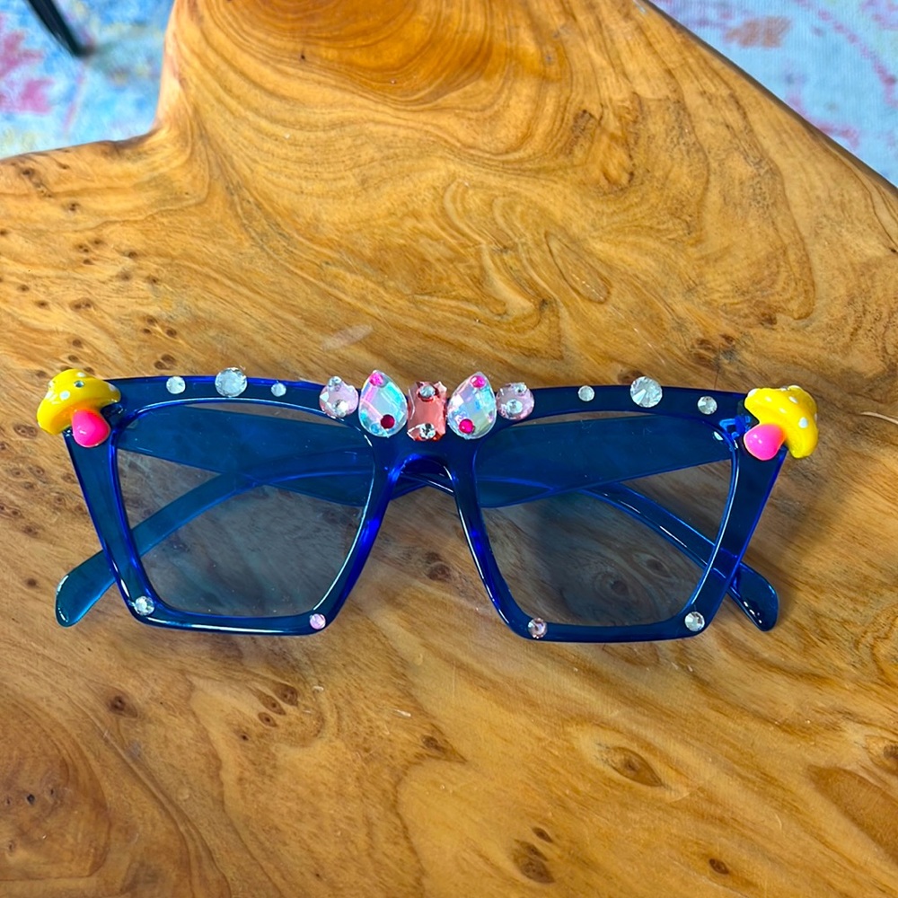 Blue cat eye sunglasses with yellow mushrooms, pink gemstones rhinestones
